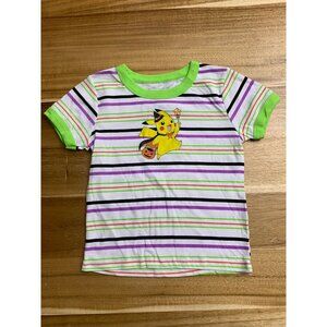 Pokemon Kids Halloween Pikachu T-Shirt Striped Short Sleeve Green Collar & Cuffs